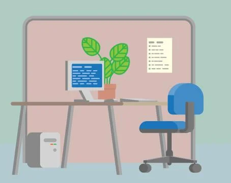 Office Desk Flat Background Interior Cartoon Stock Illustration