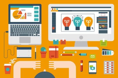 Office desk flat design concept Stock Illustration