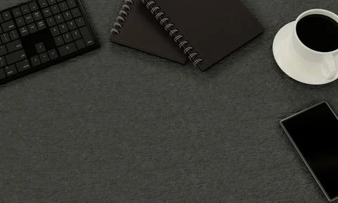 The office desk has items such as keyboards, books, black coffee mugs, and sm Stock Illustration