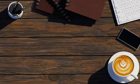 The office desk has items such as keyboards, books, Latte art coffee mugs, an Stock Illustration