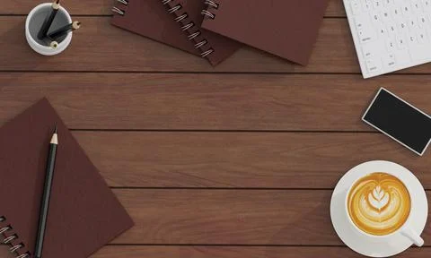 The office desk has items such as keyboards, books, black coffee mugs, and sm Stock Illustration