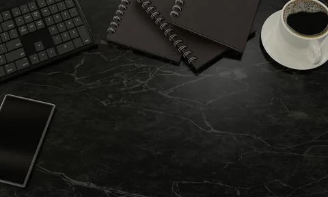 The office desk has items such as keyboards, books, black coffee mugs, and .. Stock Illustration