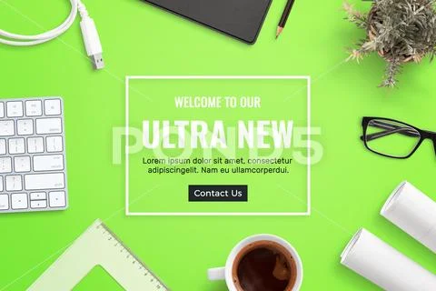 Office desk hero, header image generator with text and separated supplies PSD Template