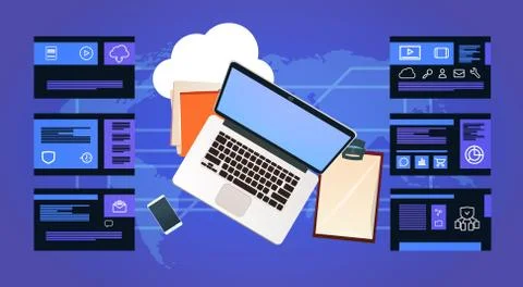 Office desk laptop over data protection computing center with infographic Stock Illustration