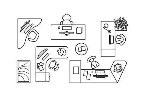 Office desk layout with various workspace elements Stock Illustration