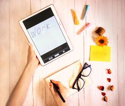 Office Desk with objects notebook and pen Stock Photos