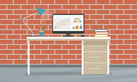 Office desk or table with computer, lamp and pencil stand. Business interior. Illustrazione stock