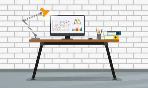 Office desk or table with computer, lamp and pencil stand. Business interior Stock Illustration