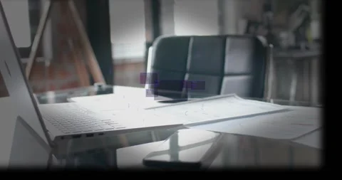 Office desk receiving data, HUD elements appearing and merging over papers, Stock Footage 331002558