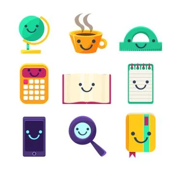 Office Desk Supplies Collection Of Objects With Smily Faces Illustrazione stock