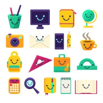 Office Desk Supplies Collection Of Objects With Smily Faces Stock Illustration