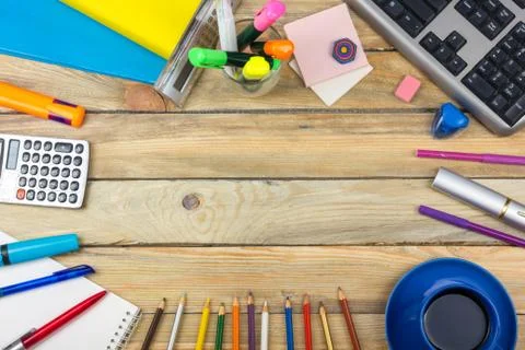 Office desk table with computer, pen and a cup of coffee, lot of things. Top  Stock Photos