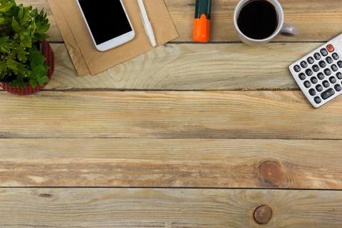 Office desk table with computer, pen and a cup of coffee, lot of things. To.. Stock Photos