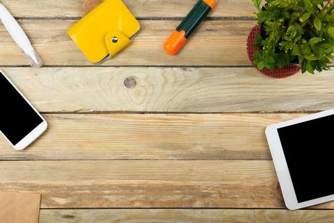 Office desk table with computer, pen and a cup of coffee, lot of things. To.. Stock Photos