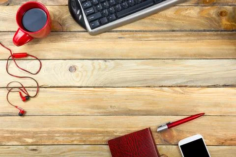 Office desk table with computer, pen and a cup of coffee, lot of things. To.. Stock Photos