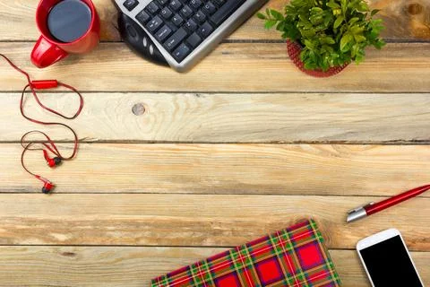 Office desk table with computer, pen and a cup of coffee, lot of things. To.. Stock Photos
