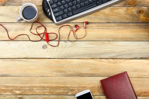 Office desk table with computer, pen and a cup of coffee, lot of things. To.. Stock Photos