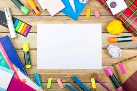 Office desk table with computer, pen and a cup of coffee, lot of things. To.. Foto stock