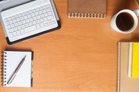 Office desk table with computer, supplies. Copy space for text Stock Photos