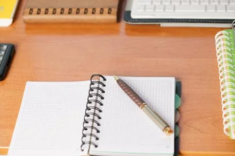 Office desk table with computer, supplies. Copy space for text Stock Photos