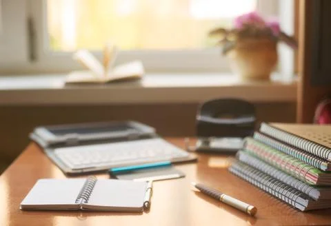 Office desk table with computer, supplies, flower Stock Photos