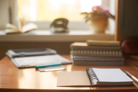 Office desk table with computer, supplies, flower Stock Photos