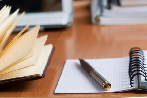 Office desk table with computer, supplies. Stock Photos