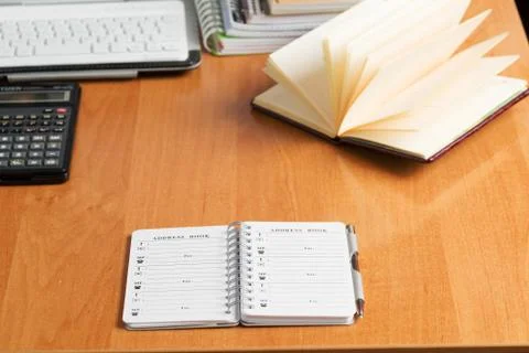 Office desk table with computer, supplies. Stock Photos