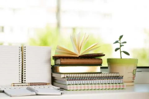 Office desk table with computer, supplies. Stock Photos
