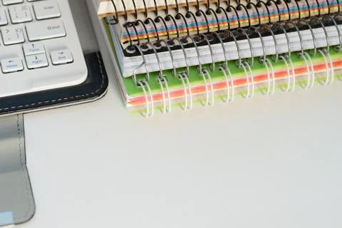 Office desk table with computer, supplies. Stock Photos