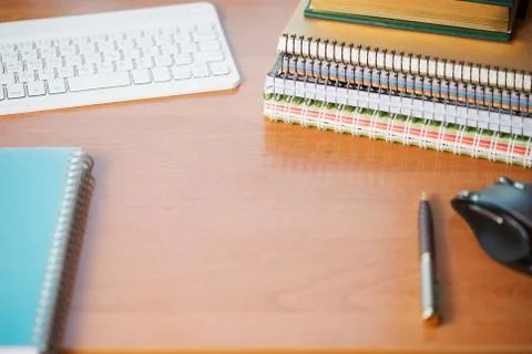 Office desk table with computer, supplies. Stock Photos