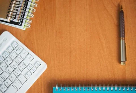 Office desk table with computer, supplies. Stock Photos