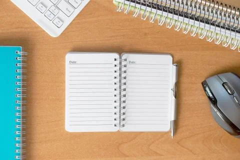 Office desk table with computer, supplies. Copy space for text Stock Photos
