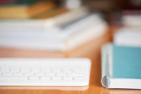 Office desk table with computer, supplies. Stock Photos