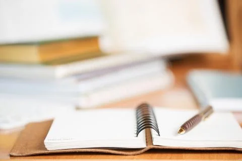 Office desk table with computer, supplies. Stock Photos