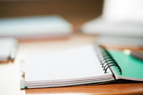 Office desk table with computer, supplies. Stock Photos