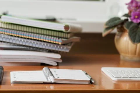Office desk table with computer, supplies. Foto stock