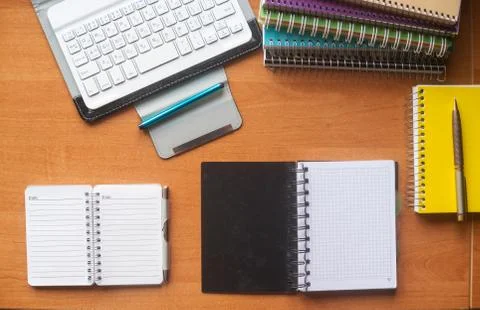 Office desk table with computer, supplies. Copy space for text Stock Photos