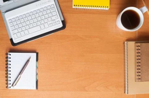 Office desk table with computer, supplies. Copy space for text Stock Photos