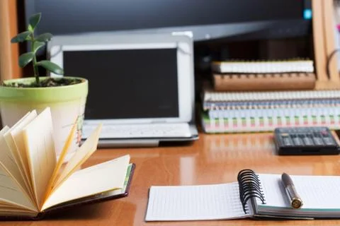 Office desk table with computer, supplies. Copy space for text Stock Photos