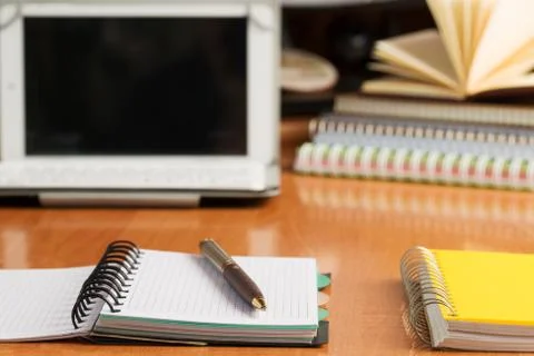 Office desk table with computer, supplies. Copy space for text Stock Photos