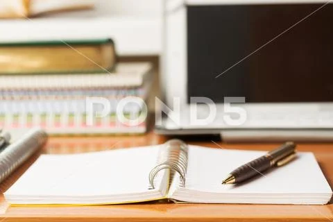 Office desk table with computer, supplies. Copy space for text Stock Photos