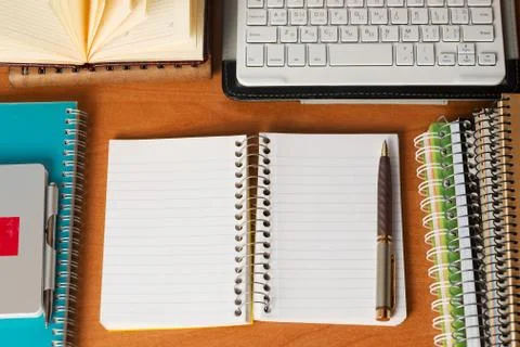Office desk table with computer, supplies. Copy space for text Stock Photos