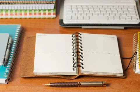 Office desk table with computer, supplies. Copy space for text Stock Photos