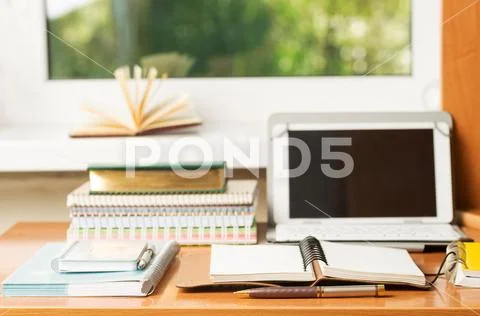 Office desk table with computer, supplies. Copy space for text Stock Photos