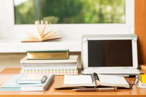 Office desk table with computer, supplies. Copy space for text Stock Photos