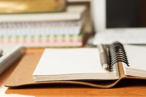 Office desk table with computer, supplies. Copy space for text Stock Photos