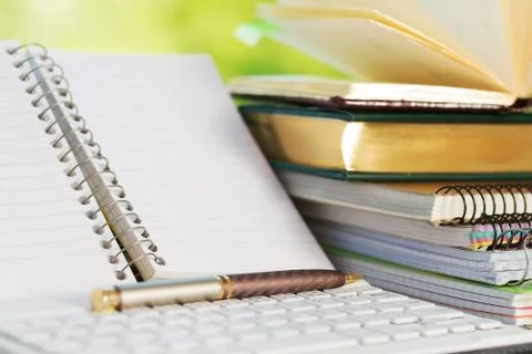 Office desk table with computer, supplies. Copy space for text Stock Photos