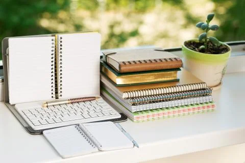 Office desk table with computer, supplies, flower Stock Photos