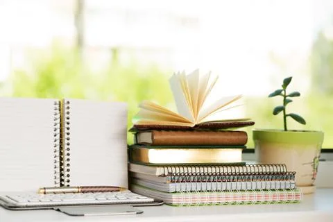 Office desk table with computer, supplies, flower Stock Photos